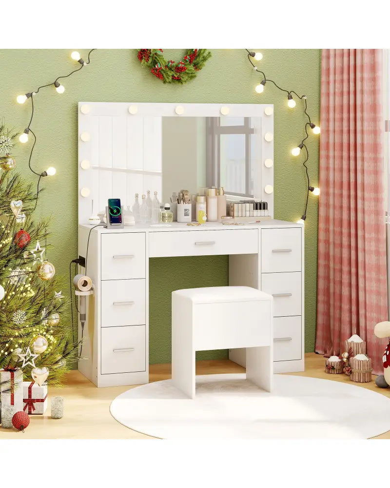 43.5-Inche Vanity Desk with Mirror and Lights for Bedroom-White - White - Makeup Vanities