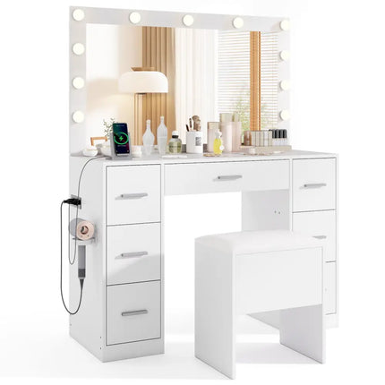 43.5-Inche Vanity Desk with Mirror and Lights for Bedroom-White Costway
