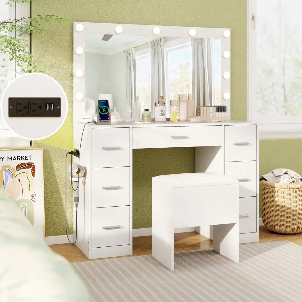 43.5-Inche Vanity Desk with Mirror and Lights for Bedroom-White - White - Makeup Vanities