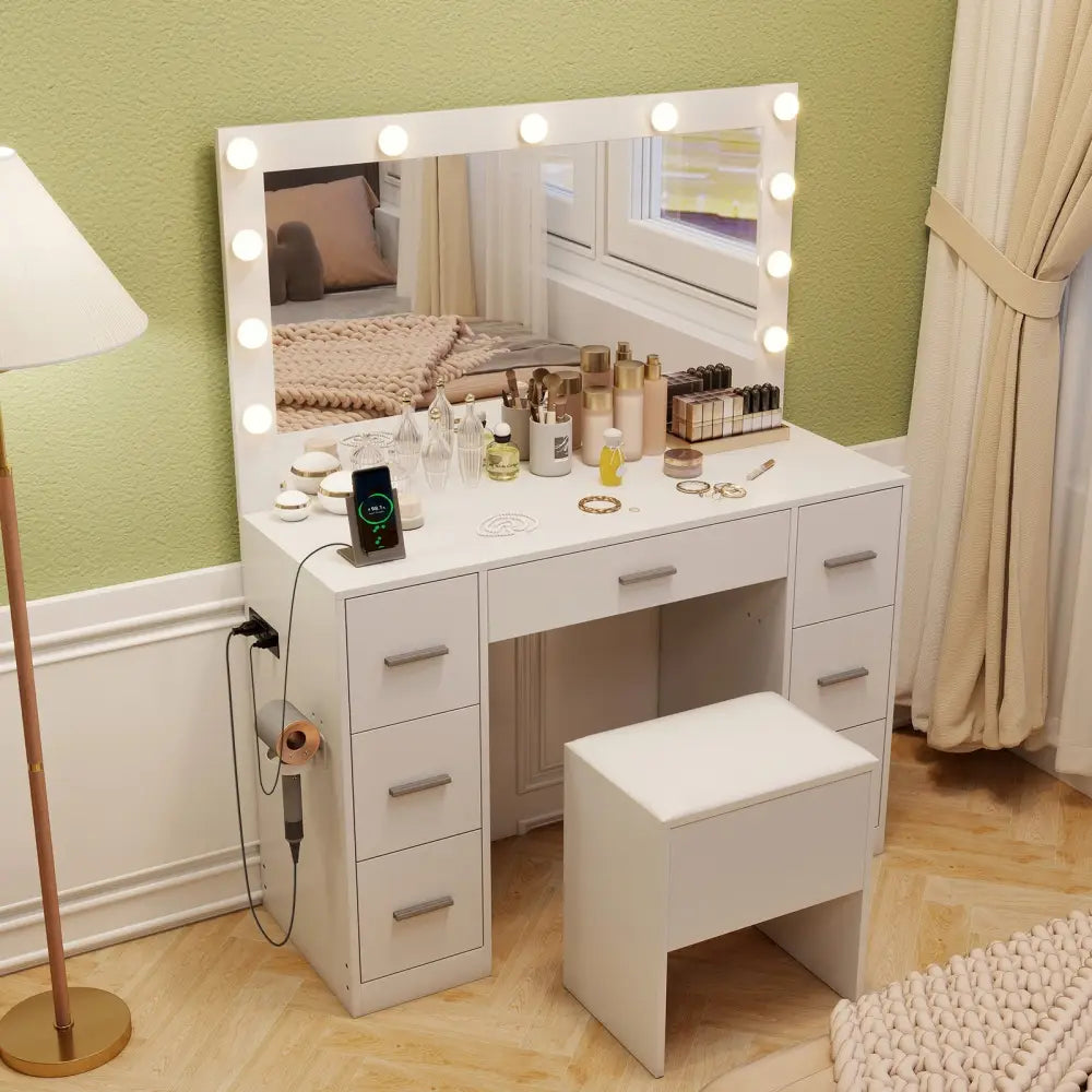 43.5-Inche Vanity Desk with Mirror and Lights for Bedroom-White - White - Makeup Vanities