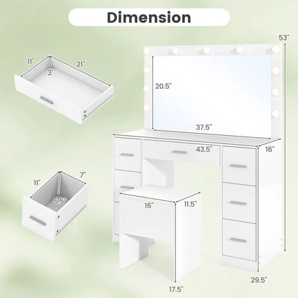43.5-Inche Vanity Desk with Mirror and Lights for Bedroom-White Costway
