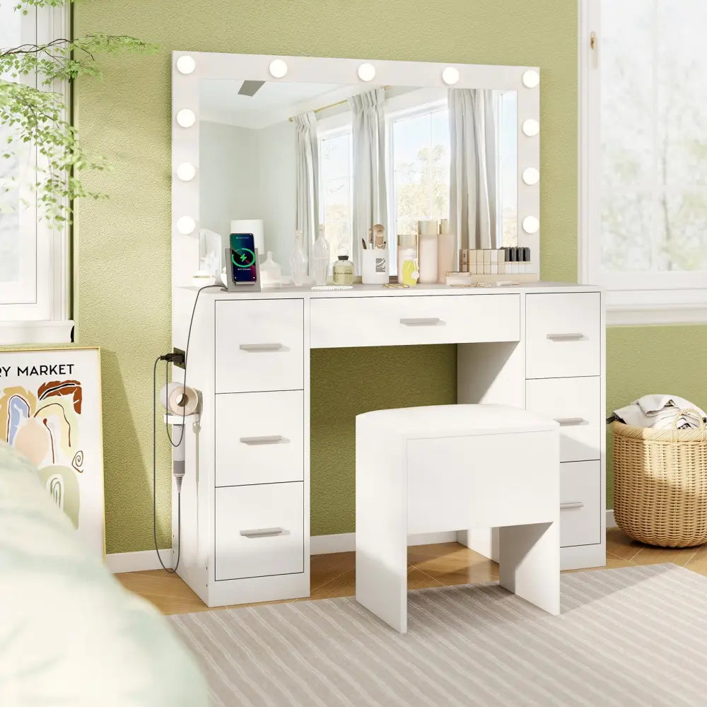 43.5-Inche Vanity Desk with Mirror and Lights for Bedroom-White - White - Makeup Vanities