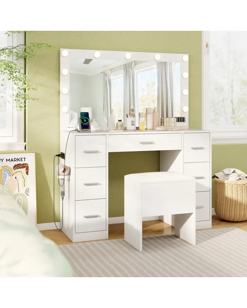43.5-Inche Vanity Desk with Mirror and Lights for Bedroom-White - White - Makeup Vanities