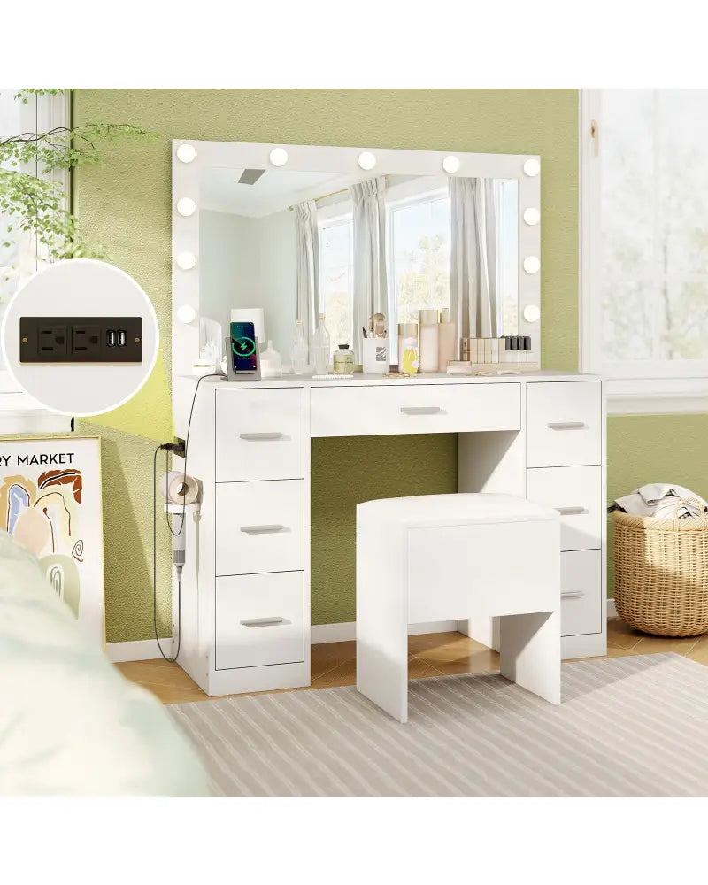 43.5-Inche Vanity Desk with Mirror and Lights for Bedroom-White - White - Makeup Vanities