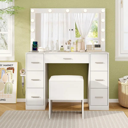 43.5-Inche Vanity Desk with Mirror and Lights for Bedroom-White Costway
