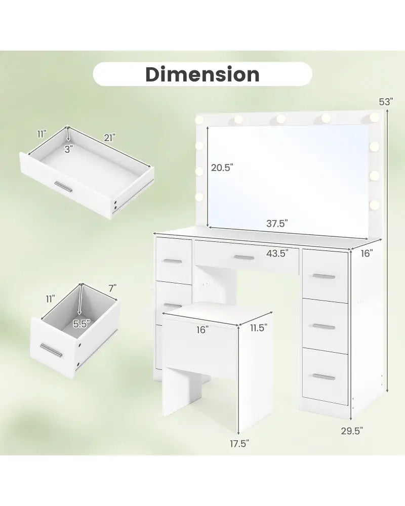 43.5-Inche Vanity Desk with Mirror and Lights for Bedroom-White - White - Makeup Vanities