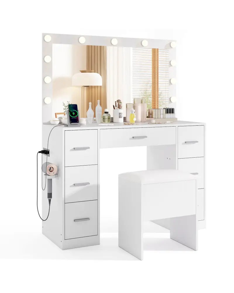 43.5-Inche Vanity Desk with Mirror and Lights for Bedroom-White - White - Makeup Vanities