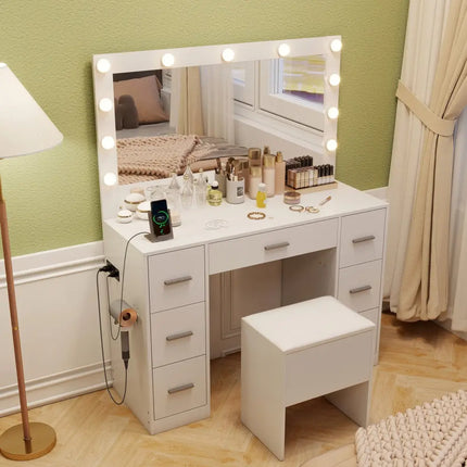 43.5-Inche Vanity Desk with Mirror and Lights for Bedroom-White Costway