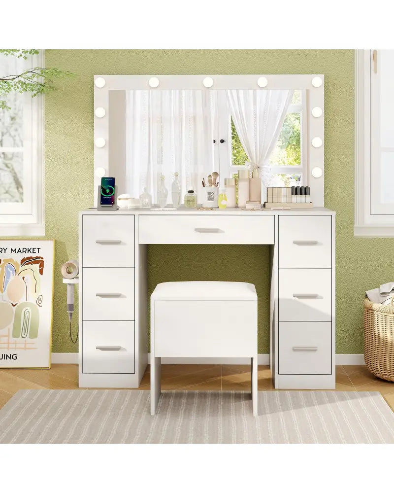 43.5-Inche Vanity Desk with Mirror and Lights for Bedroom-White - White - Makeup Vanities