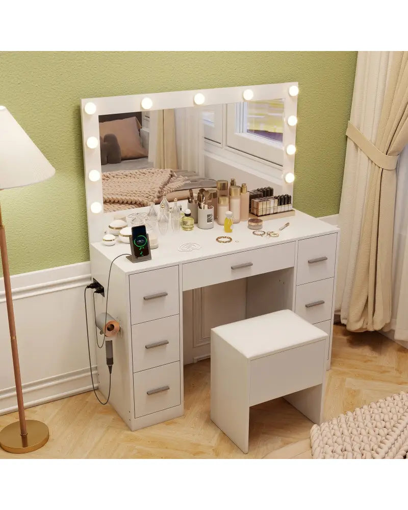 43.5-Inche Vanity Desk with Mirror and Lights for Bedroom-White - White - Makeup Vanities