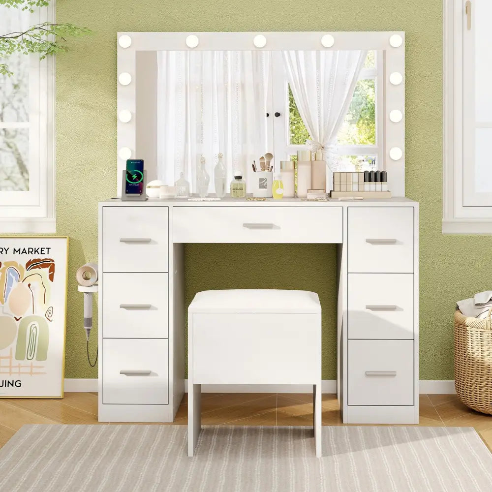 43.5-Inche Vanity Desk with Mirror and Lights for Bedroom-White - White - Makeup Vanities