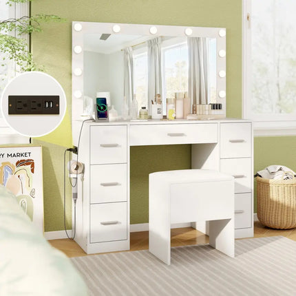 43.5-Inche Vanity Desk with Mirror and Lights for Bedroom-White Costway