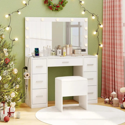 43.5-Inche Vanity Desk with Mirror and Lights for Bedroom-White Costway