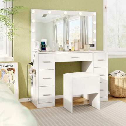 43.5-Inche Vanity Desk with Mirror and Lights for Bedroom-White Costway