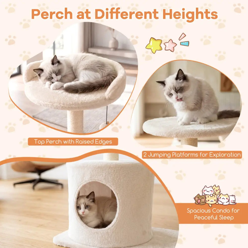 43’’ Cat Tree for Indoor Cats with Comfy Plush Perches and Sisal Scratching Posts-Beige - Beige - Cat Trees Condos &