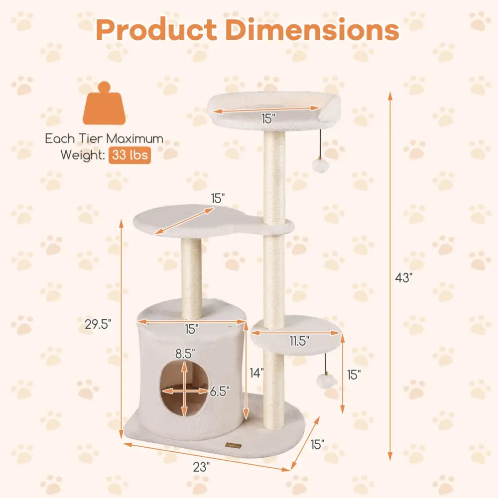 43’’ Cat Tree for Indoor Cats with Comfy Plush Perches and Sisal Scratching Posts-Beige - Beige - Cat Trees Condos &