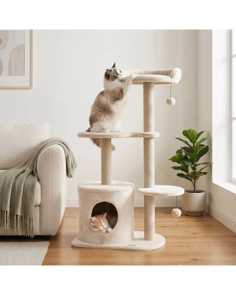 43’’ Cat Tree for Indoor Cats with Comfy Plush Perches and Sisal Scratching Posts-Beige - Beige - Cat Trees Condos &