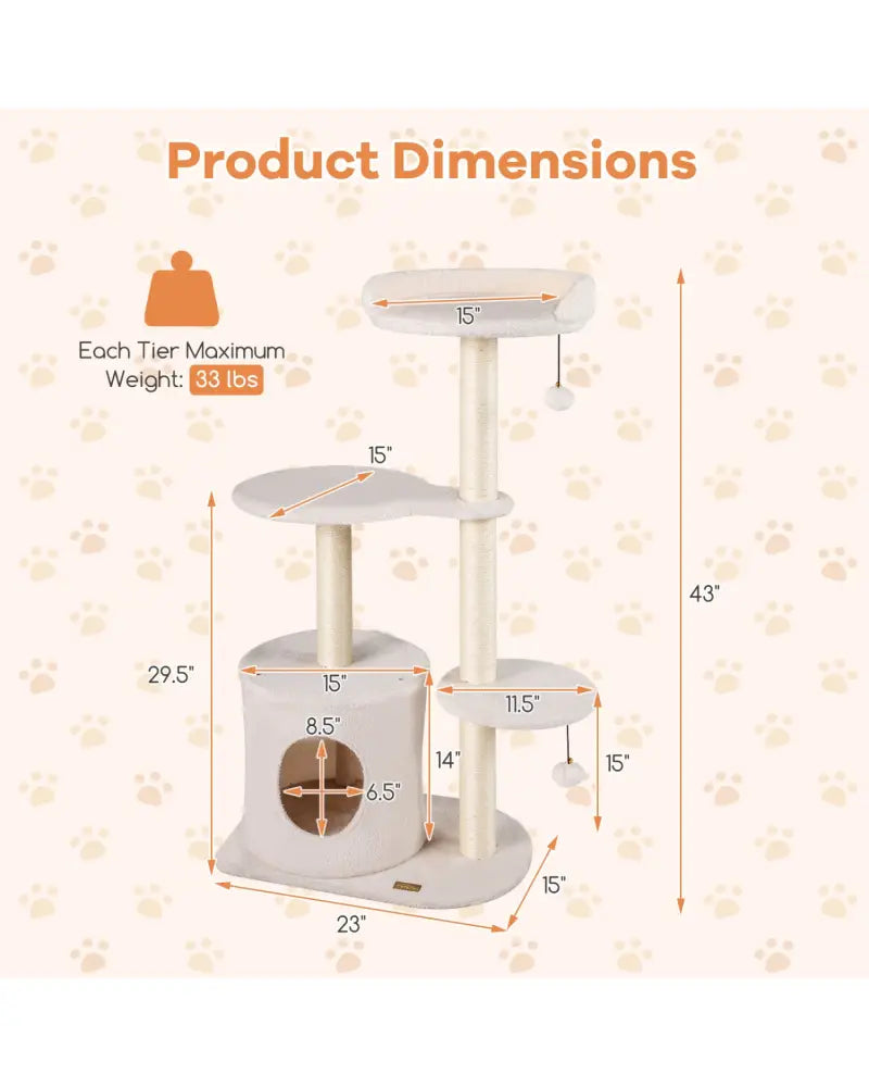 43’’ Cat Tree for Indoor Cats with Comfy Plush Perches and Sisal Scratching Posts-Beige - Beige - Cat Trees Condos &