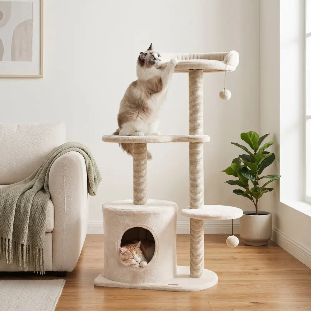 43’’ Cat Tree for Indoor Cats with Comfy Plush Perches and Sisal Scratching Posts-Beige - Beige - Cat Trees Condos &