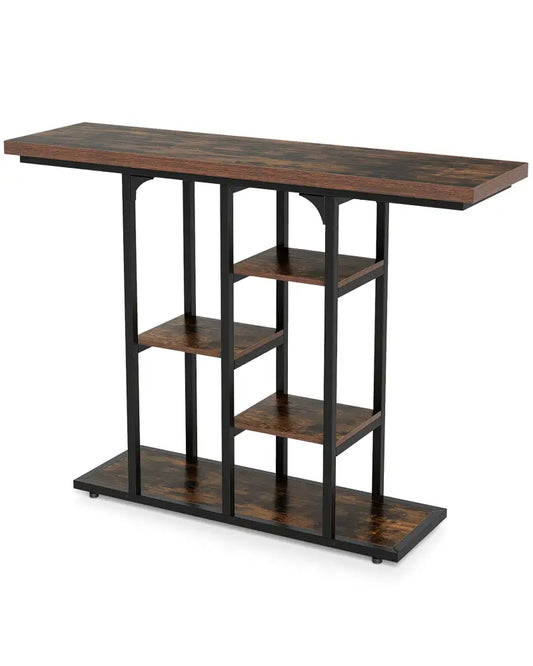 43’’ Console Table with Storage Shelves and Metal Frame for Entryway Hallway Foyer-Rustic Brown - Rustic Brown