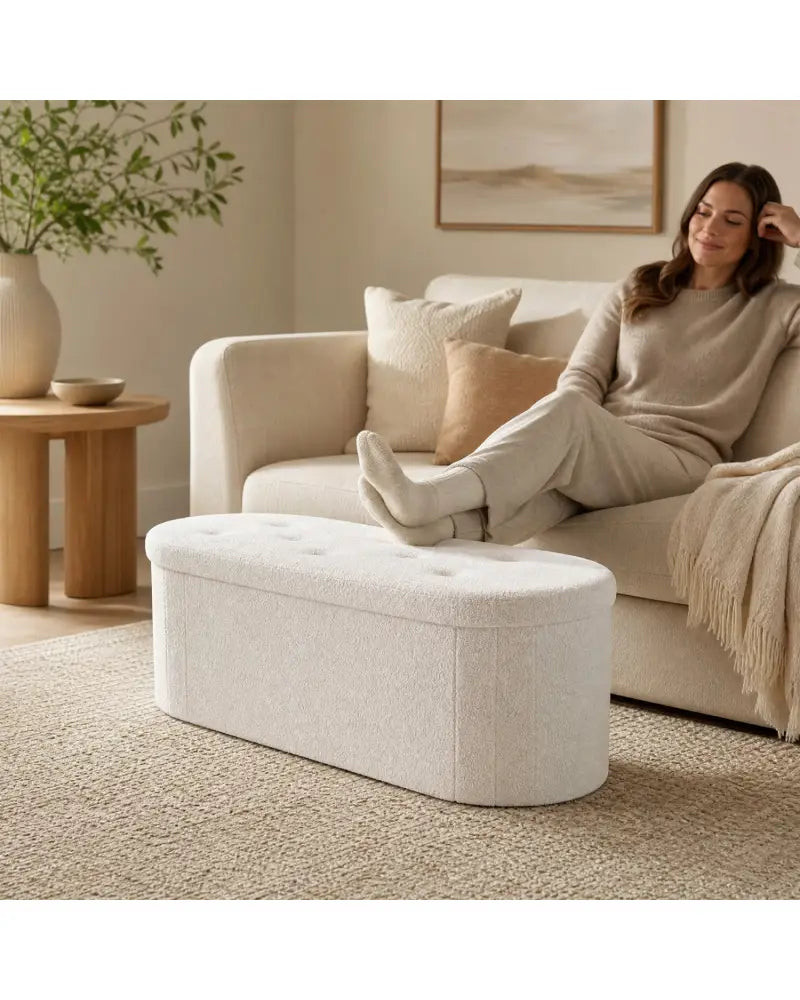 43’’ Folding Teddy Storage Ottoman Bench with Dividers for Living Room and Bedroom-Beige - Beige - Shoe Racks & Storage