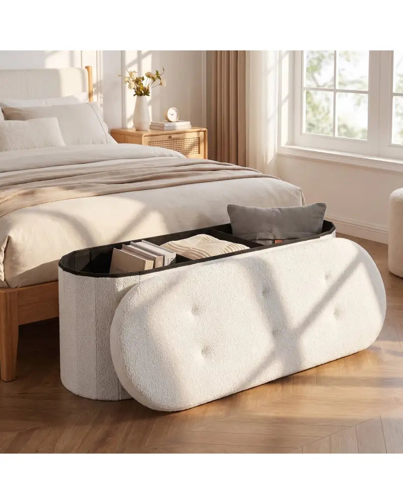 43’’ Folding Teddy Storage Ottoman Bench with Dividers for Living Room and Bedroom-Beige - Beige - Shoe Racks & Storage