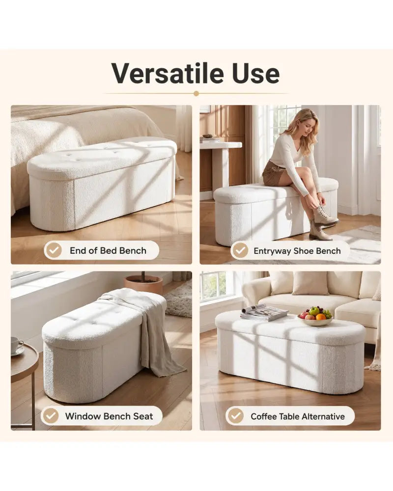 43’’ Folding Teddy Storage Ottoman Bench with Dividers for Living Room and Bedroom-Beige - Beige - Shoe Racks & Storage