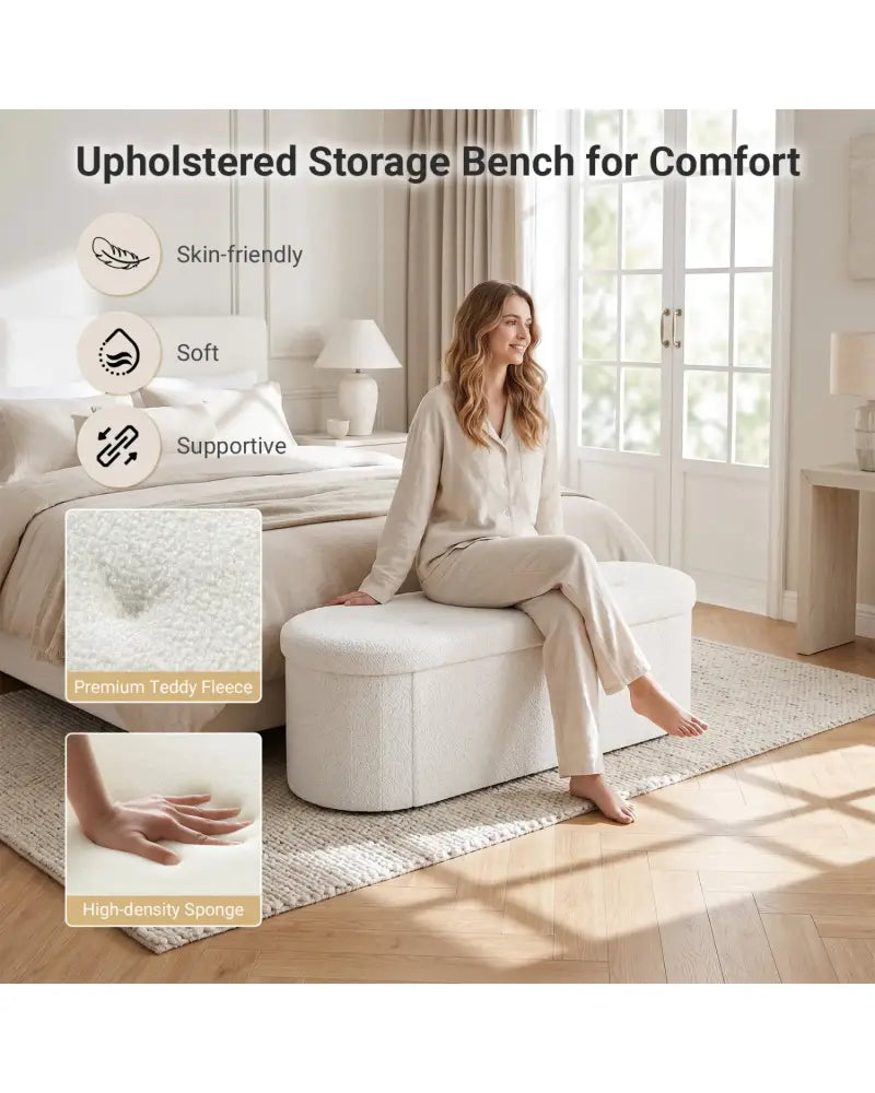 43’’ Folding Teddy Storage Ottoman Bench with Dividers for Living Room and Bedroom-Beige - Beige - Shoe Racks & Storage