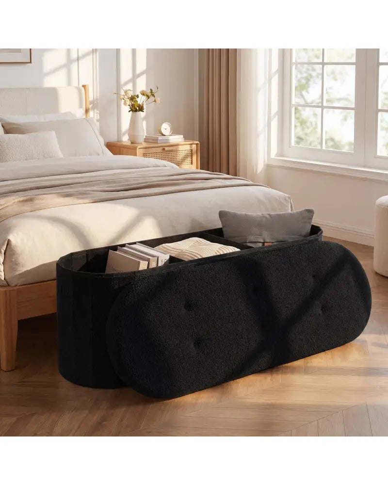 43’’ Folding Teddy Storage Ottoman Bench with Dividers for Living Room and Bedroom-Black - Black - Shoe Racks & Storage