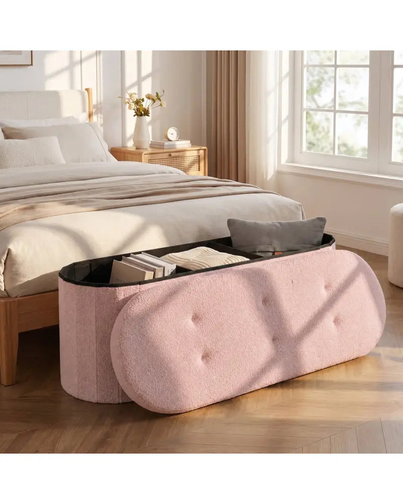 43’’ Folding Teddy Storage Ottoman Bench with Dividers for Living Room and Bedroom-Pink - Pink - Shoe Racks & Storage