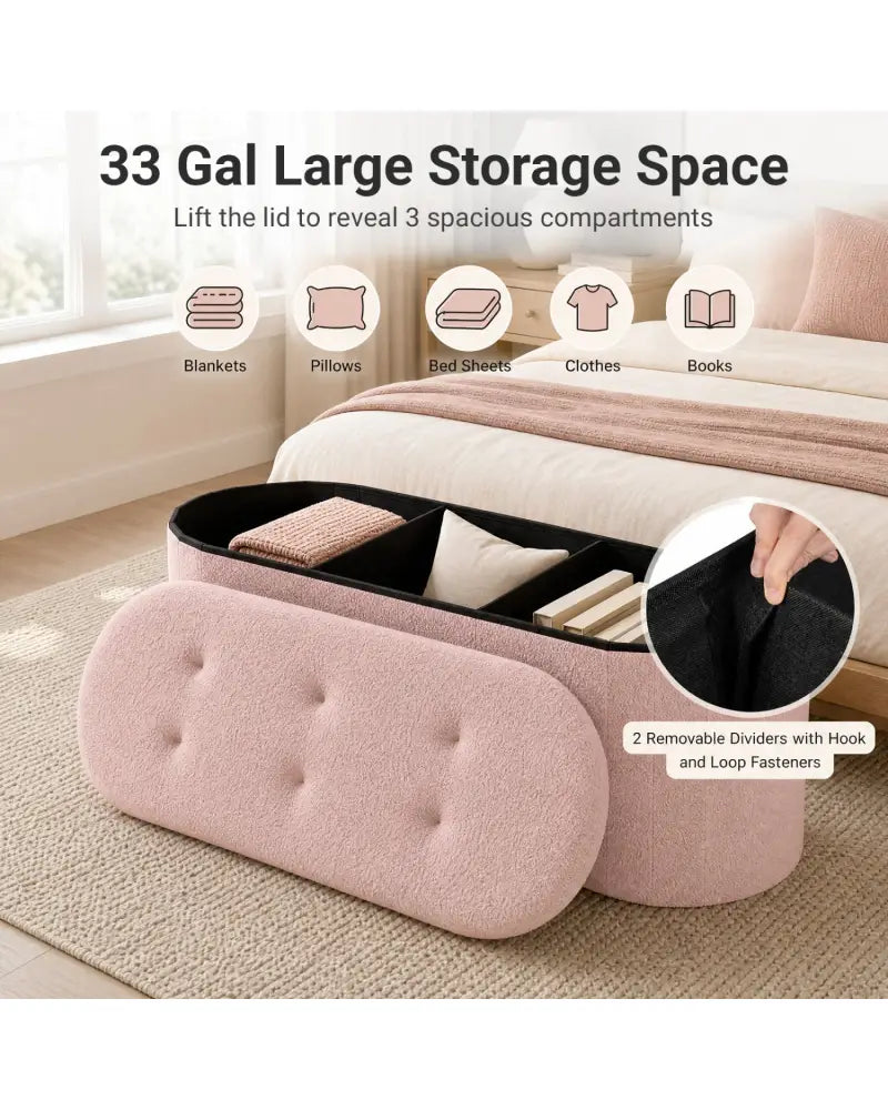 43’’ Folding Teddy Storage Ottoman Bench with Dividers for Living Room and Bedroom-Pink - Pink - Shoe Racks & Storage