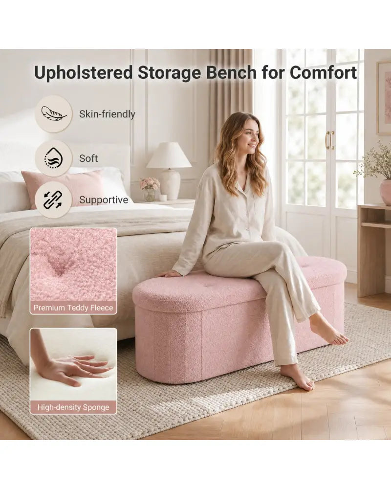 43’’ Folding Teddy Storage Ottoman Bench with Dividers for Living Room and Bedroom-Pink - Pink - Shoe Racks & Storage