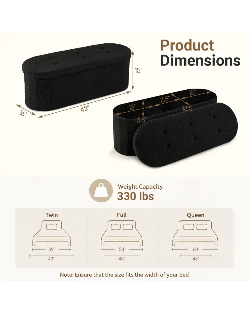43’’ Folding Teddy Storage Ottoman Bench with Dividers for Living Room and Bedroom-Black - Black - Shoe Racks & Storage