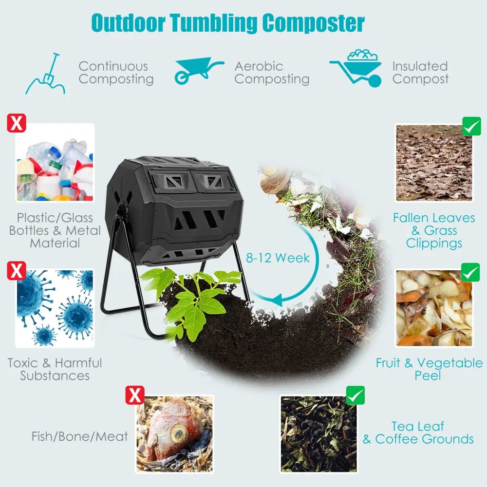 43 Gallon Composting Tumbler Compost Bin with Dual Rotating Chamber - Black - Garden Tools