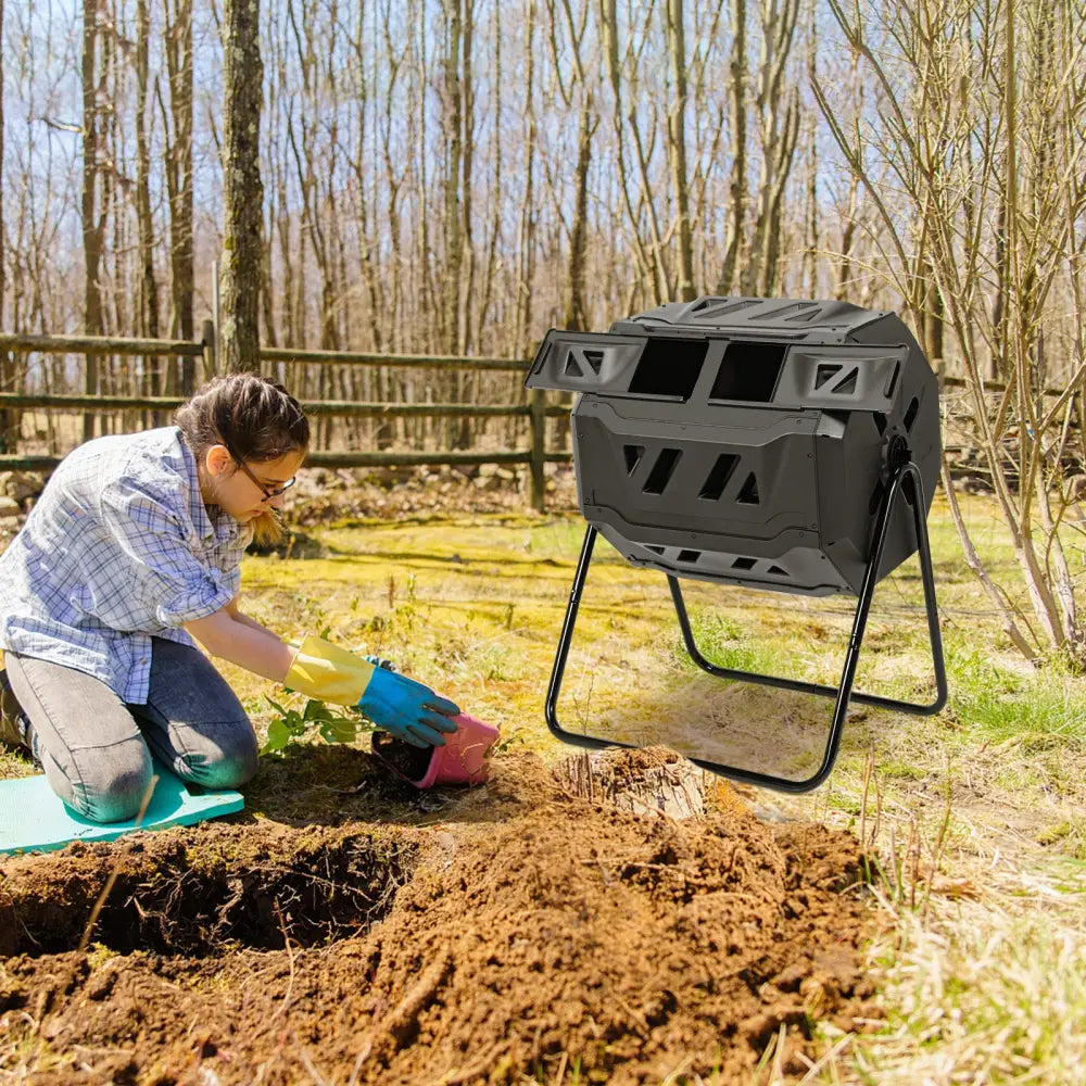 43 Gallon Composting Tumbler Compost Bin with Dual Rotating Chamber - Black - Garden Tools