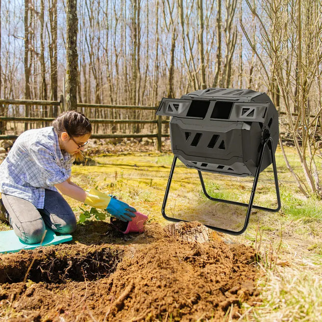 43 Gallon Composting Tumbler Compost Bin with Dual Rotating Chamber - Black - Garden Tools