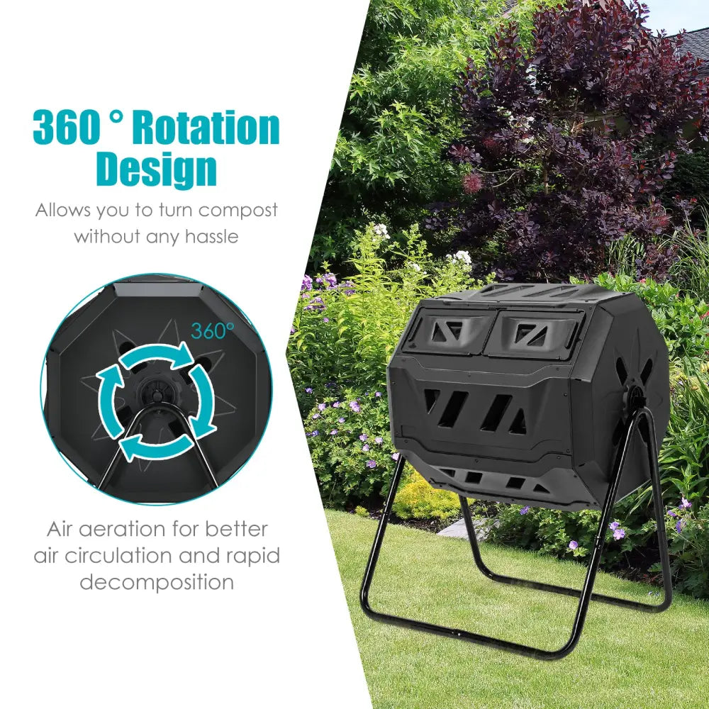 43 Gallon Composting Tumbler Compost Bin with Dual Rotating Chamber - Black - Garden Tools
