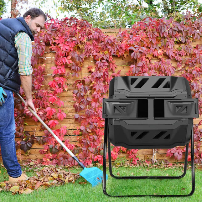 43 Gallon Composting Tumbler Compost Bin with Dual Rotating Chamber - Black - Garden Tools