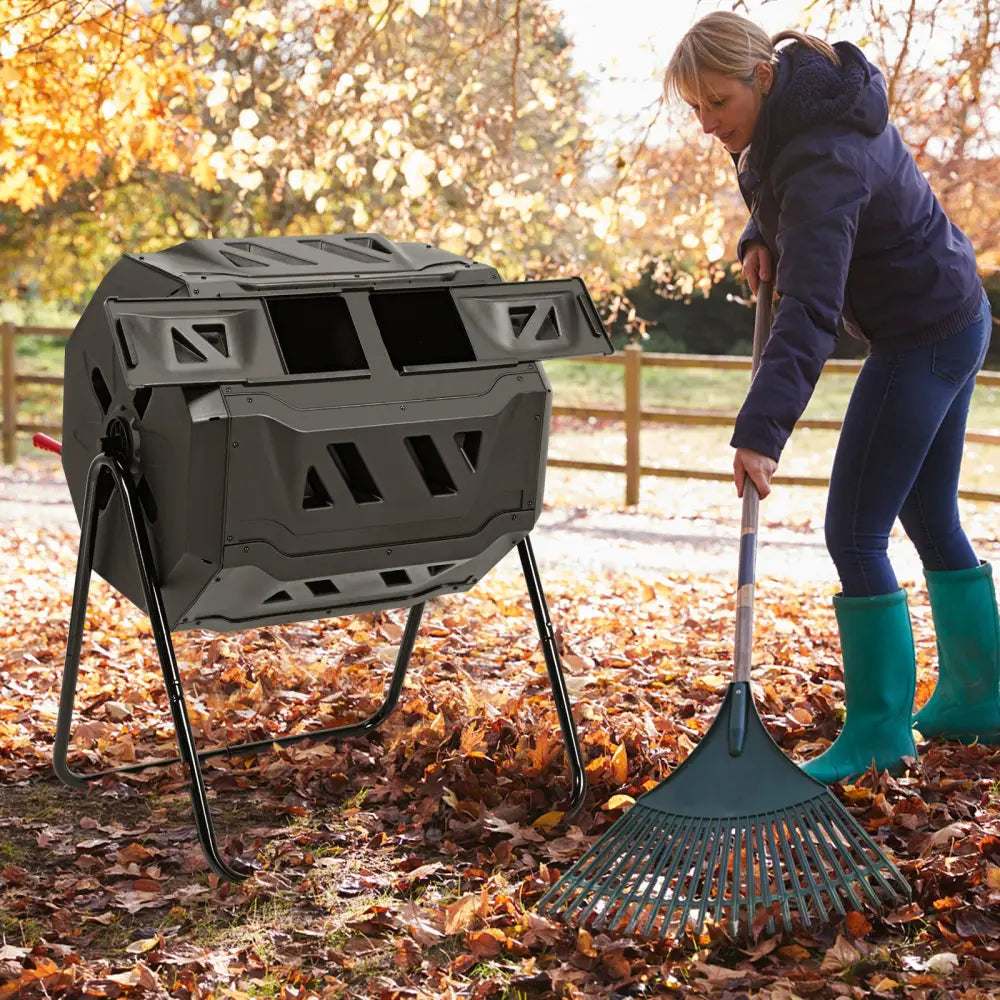 43 Gallon Composting Tumbler Compost Bin with Dual Rotating Chamber - Black - Garden Tools