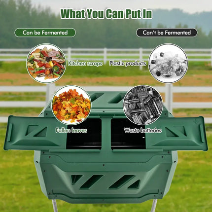 43 Gallon Rotating Compost Bin Barrel with Dual Chamber and Sliding Doors-Green - Green - Garden Tools