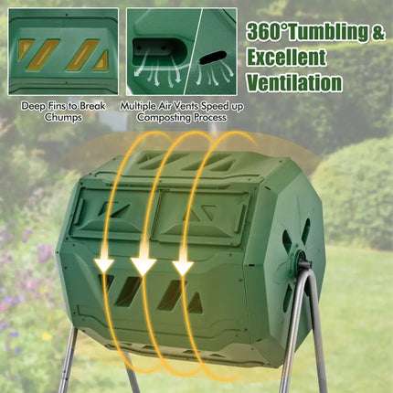 43 Gallon Rotating Compost Bin Barrel with Dual Chamber and Sliding Doors-Green - Green - Garden Tools