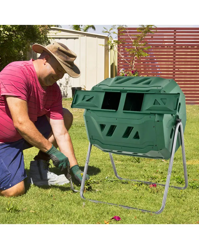 43 Gallon Rotating Compost Bin Barrel with Dual Chamber and Sliding Doors-Green - Green - Garden Tools