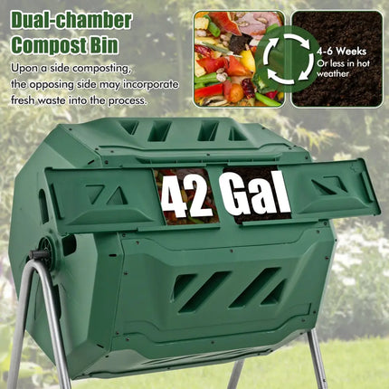 43 Gallon Rotating Compost Bin Barrel with Dual Chamber and Sliding Doors-Green - Green - Garden Tools