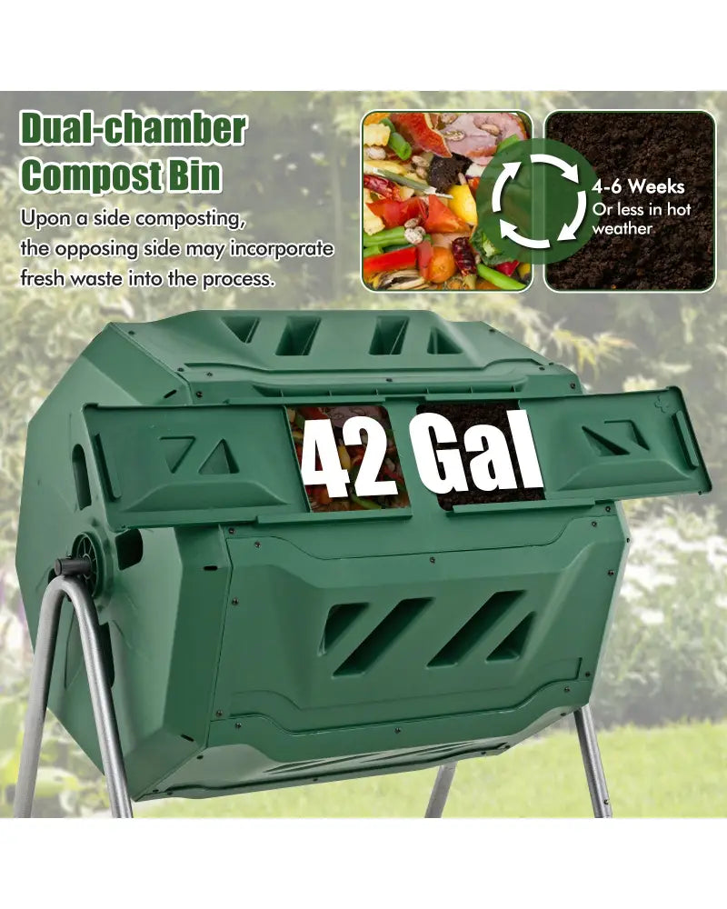 43 Gallon Rotating Compost Bin Barrel with Dual Chamber and Sliding Doors-Green - Green - Garden Tools