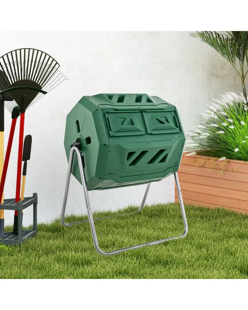 43 Gallon Rotating Compost Bin Barrel with Dual Chamber and Sliding Doors-Green - Green - Garden Tools