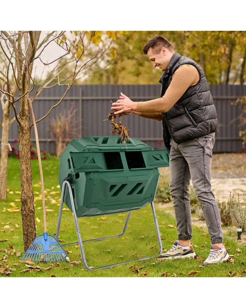 43 Gallon Rotating Compost Bin Barrel with Dual Chamber and Sliding Doors-Green - Green - Garden Tools