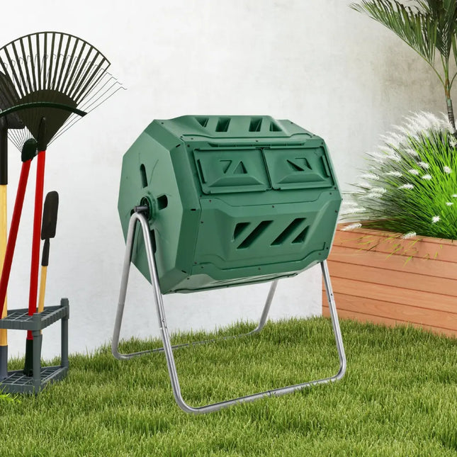 43 Gallon Rotating Compost Bin Barrel with Dual Chamber and Sliding Doors-Green - Green - Garden Tools