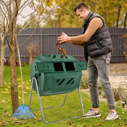 43 Gallon Rotating Compost Bin Barrel with Dual Chamber and Sliding Doors-Green - Green - Garden Tools