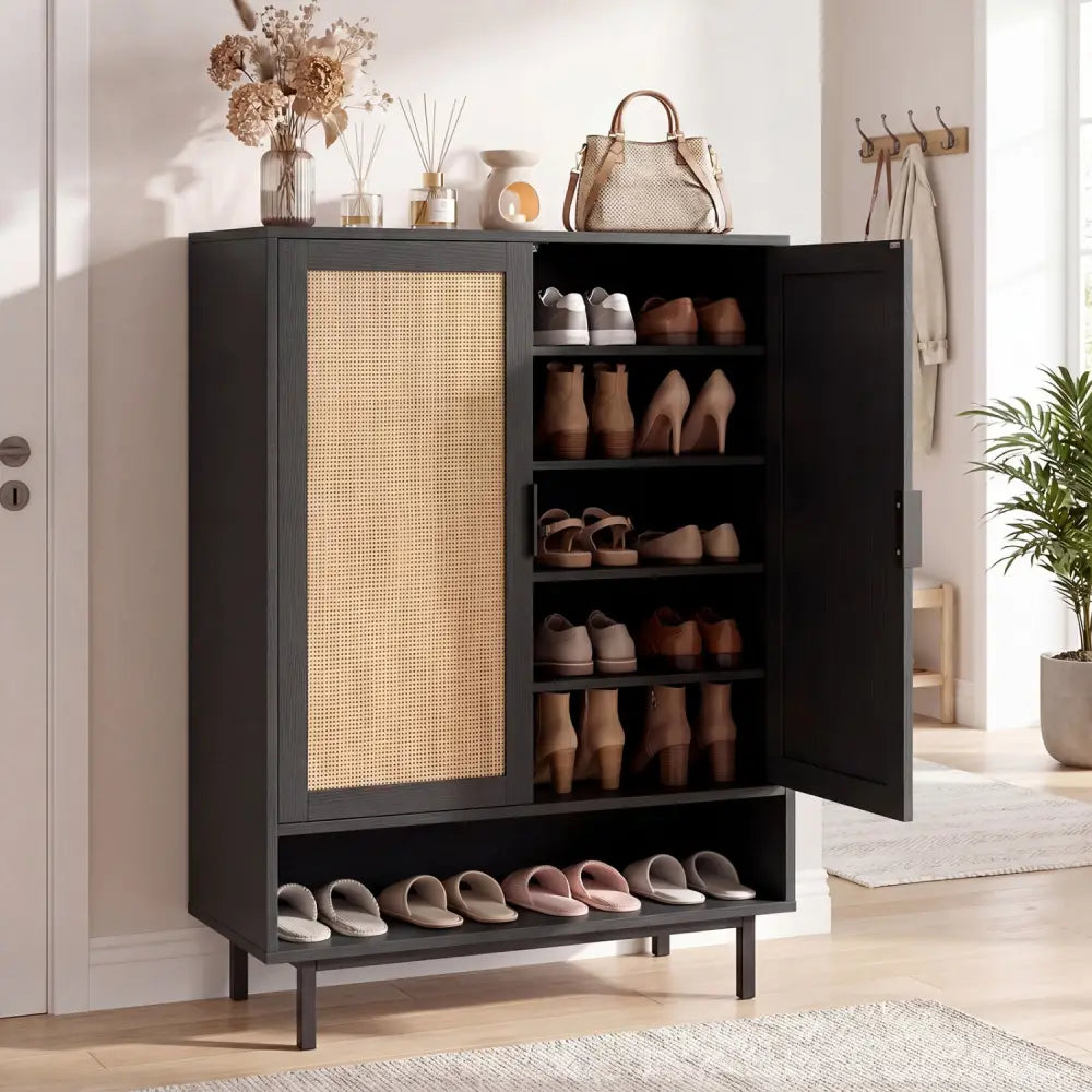 43 Inch 6-Tier Tall Shoe Cabinet with Double Doors-Black - Black - Shoe Racks & Storage Benches