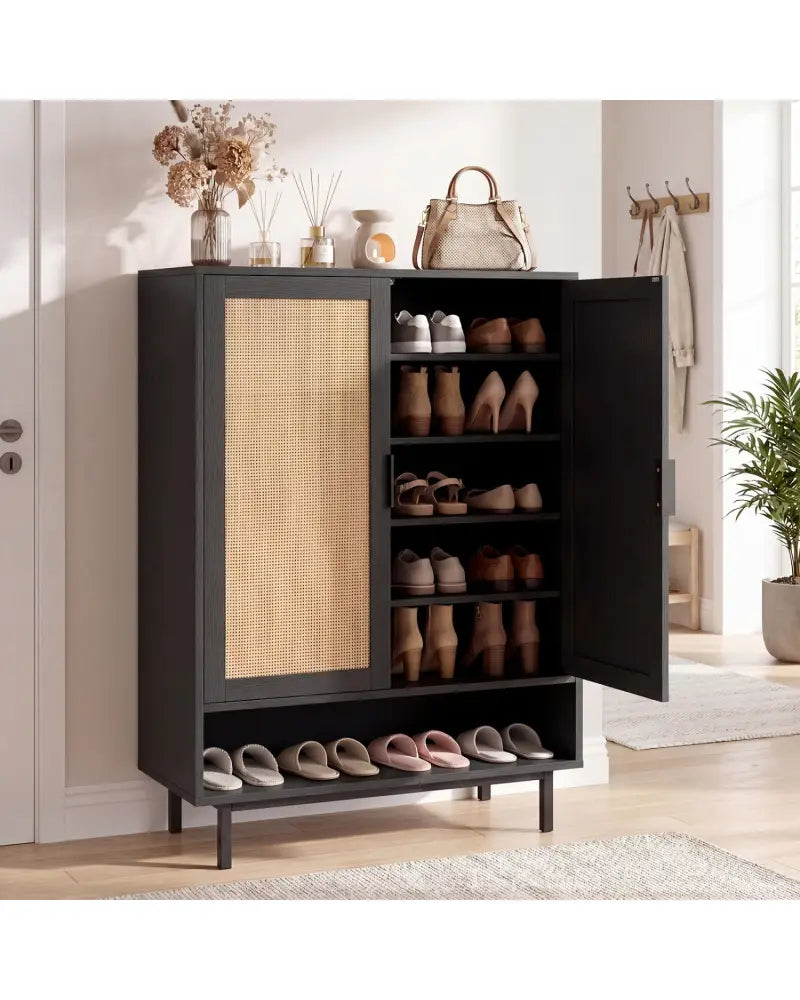 43 Inch 6-Tier Tall Shoe Cabinet with Double Doors-Black - Black - Shoe Racks & Storage Benches